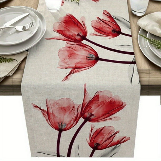 1pc Blue Floral Long Table Runner 13x72 Inches, Kitchen Dinner Retro Tulip Flower Dining Table Runners, Long Dresser Scarf, Farmhouse Burlap Holiday Table Runner For Coffee/Dining/Party/Wedding