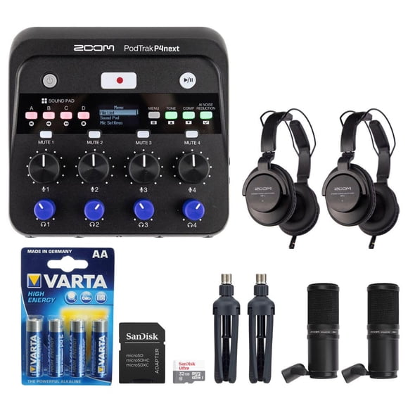Zoom PodTrak P4next Grabadora Portátil Multicanal para Podcast con paquete de 32GB microSD, baterías AAA, paquete de micrófono ZDM-1, audífonos y soporte de mesa (2 unidades)