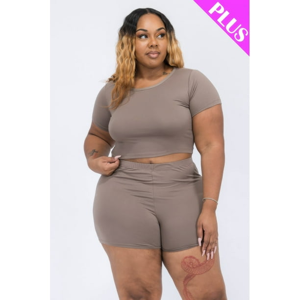 Conjunto de Top Corto y Shorts de Manga Corta de Talla Grande
