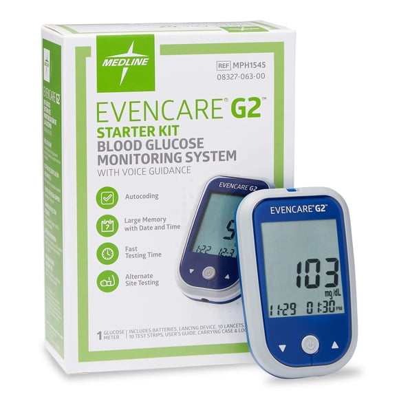 Monitor de glucosa en sangre Medline EvenCare G2, kit de inicio