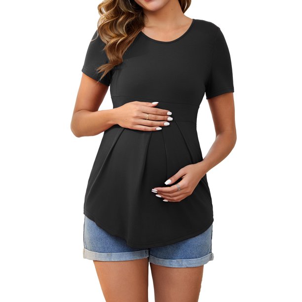 INSPIRE CHIC Blusa de Maternidad para Mujer de Manga Corta con Cuello Redondo y Diseño de Arrugas Camiseta de Maternidad con Cintura en Capas Negra Mediana