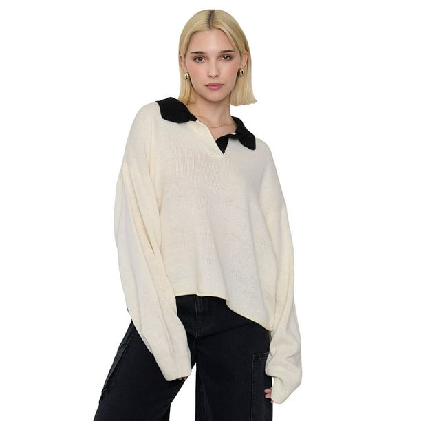 Sweater Mujer Cuello Polo Bicolor Ecru Corona