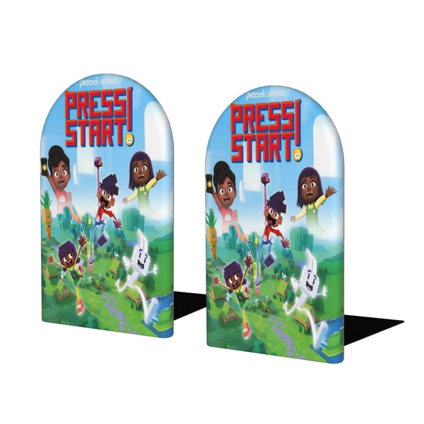 Press Start Sujetalibros decorativos temáticos, tope para estantería con base antideslizante, uso dual para hogar y oficina - 2 piezas