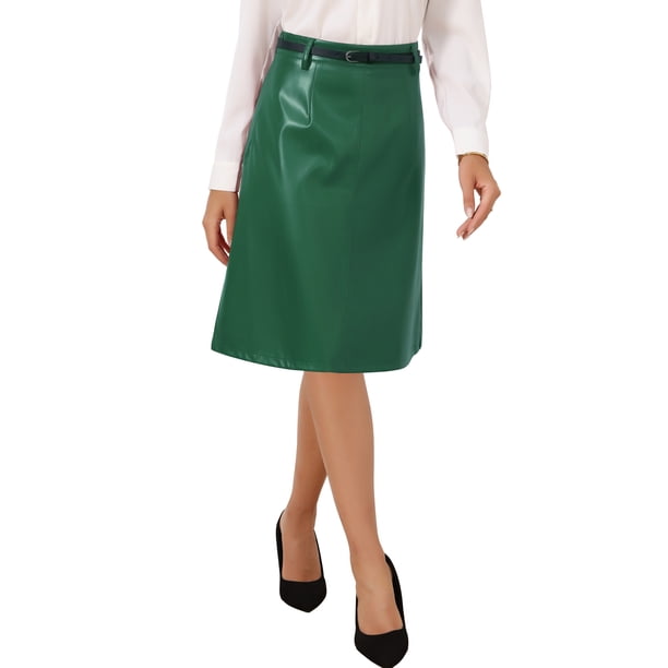 INSPIRE CHIC Falda de Mujer de Cuero Sintético Línea A Cintura Alta Vintage Lápiz Midi Falda XL Verde Oscuro