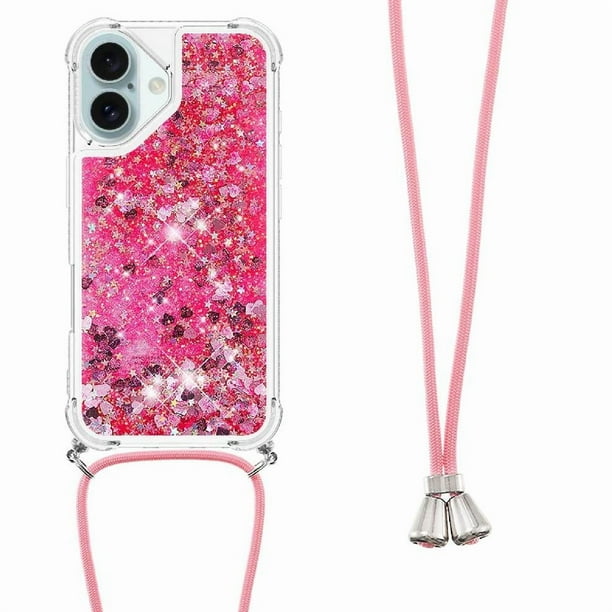 Funda FOXDOCK para iPhone 16 Plus con Cuerda Ajustable, Brillo Líquido, Protección Antigolpes y Lente – Ideal para Regalo