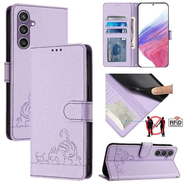 Funda tipo cartera FOXDOCK para Samsung Galaxy S24 Plus con soporte, ranuras, RFID, diseño de gato