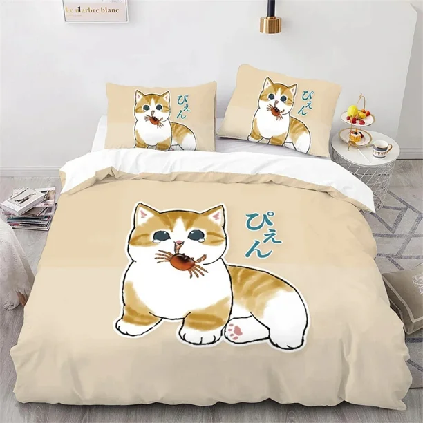 v1800 Bed Sheets Cute Kitten Duvet Cover Pillow Case Mofusand Anime Shark Cat Bedding Set Single Double Queen Size Teen Gift Room Decor PCS set 3-Piece Bedding Set (1 Duvet Cover + 2 Pillow Shams) Bed