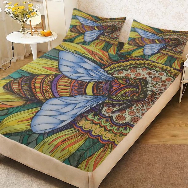 Bee Decorative Painting Duvet Cover Set - Fitted Sheet Set Which Is Both Stylish And Warm And Romantic Can Be Used in All Seasons! Ideal Family Friends Holiday