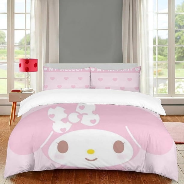 Pink my bunny melody anime cartoon bedding set Boys Girls kids cotton duvet cover and pillow cases-girls-3 pieces-Queen kawaii anime Bunny