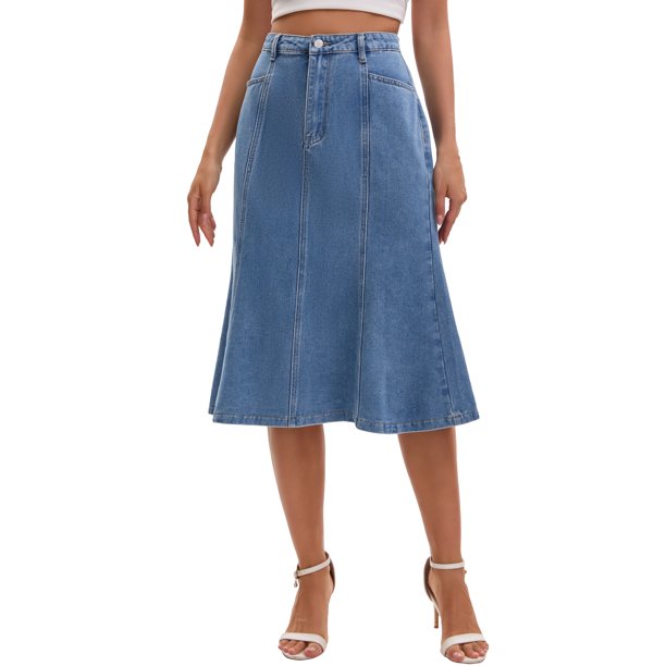 INSPIRE CHIC Falda Midi de Mezclilla para Mujer Regreso a Clases Cintura Alta Dobladillo de Cola de Pescado Falda de Jean Acampanada Azul Claro 2XL