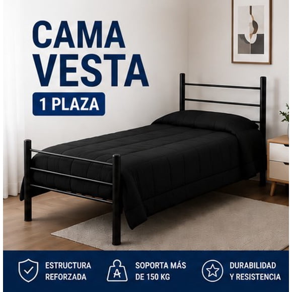 Cama Metálica Vesta 1 Plaza Reforzada Estructura de Acero Alta Resistencia