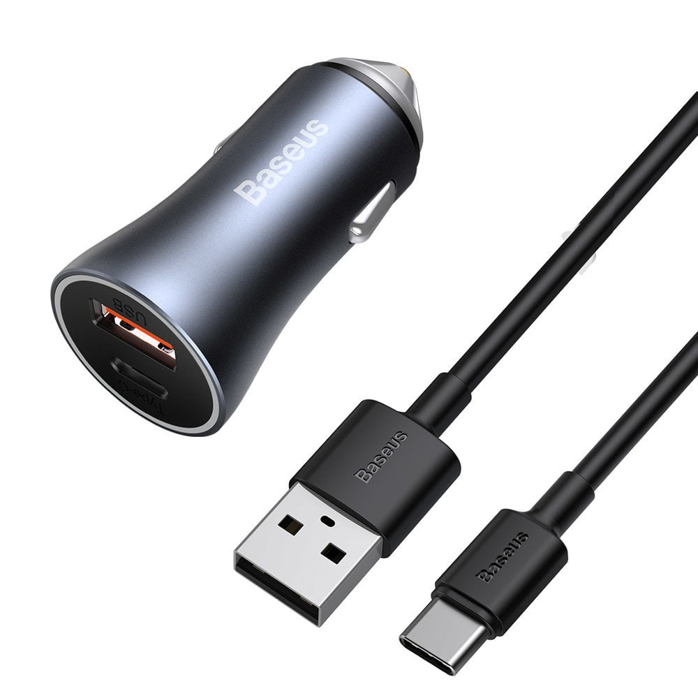 Cargador Rápido Para Auto - Baseus Dual Usb + Usb-c 40w Con Cable Tipo C 1m - Gris