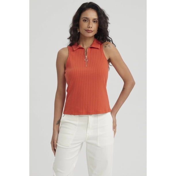 Polera Mujer Rib Medio Cierre Naranjo Oscuro