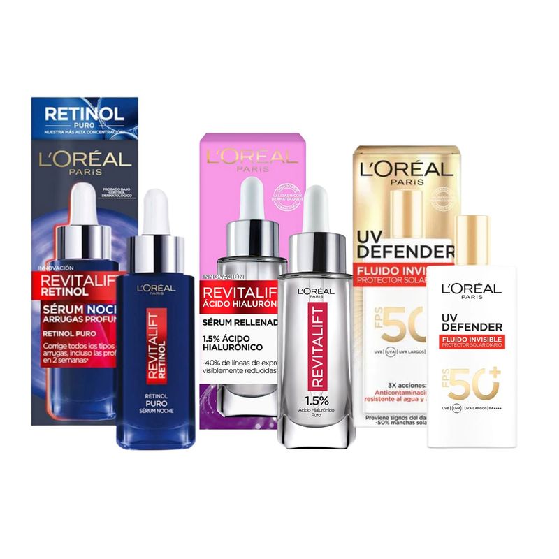 Loreal - Pack Cuidado Facial Serums Retinol + Ácido Hialurónico + Uv Defender