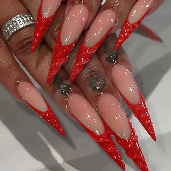 Uñas Fake Nails octoswave de presión larga con punta francesa, color rojo, 24 unidades