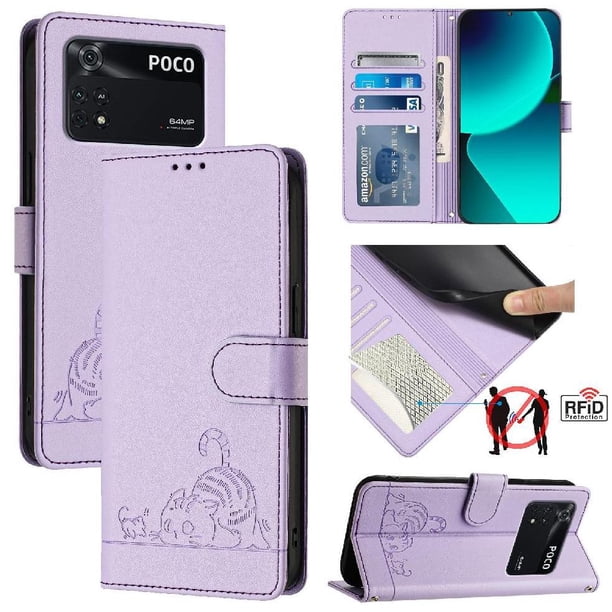 Funda tipo cartera FOXDOCK para Xiaomi POCO M4 PRO 4G con soporte, ranuras, RFID, diseño de gato