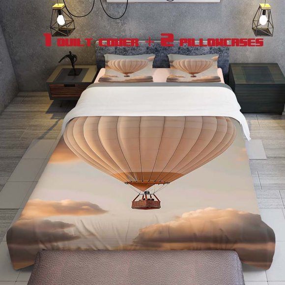 3pcs Soft Tone Hot Air Balloon Soaring Beautiful Sky Theme Pattern Bedding Set Duvet Cover and Pillowcase