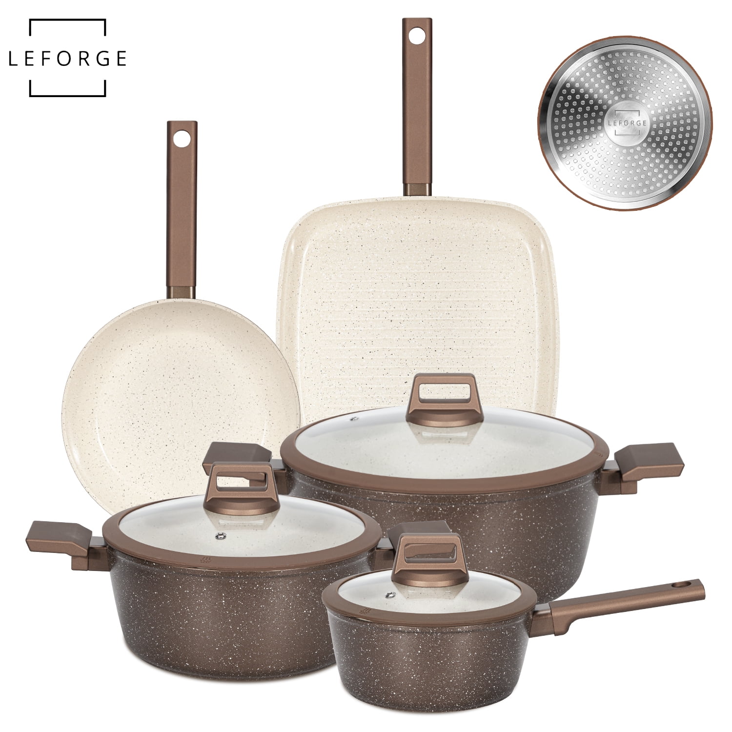 Leforge - Batería Cocina Cerámica Granito Antiadherente 8 Piezas Chocolate Crema