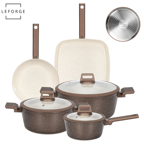 Leforge - Batería Cocina Cerámica Granito Antiadherente 8 Piezas Chocolate Crema