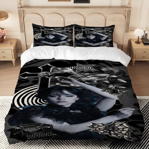 3pcs Wednesday Women'S Surreal Art Digital Print Bedding Set Including 1 Duvet Cover And 2 Pillowcases
