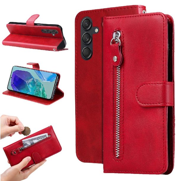 Funda con Cremallera para Samsung Galaxy M55 5G, Carcasa Cartera de Cuero PU con Soporte y Tarjetero