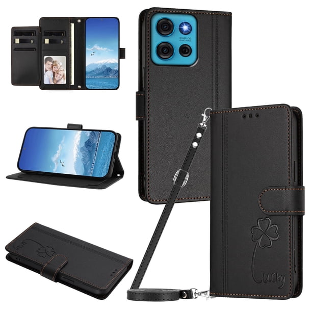 Funda Cartera Trébol para Motorola Moto G75 5G con Ranuras Tarjetas y Carga Inalámbrica Negro