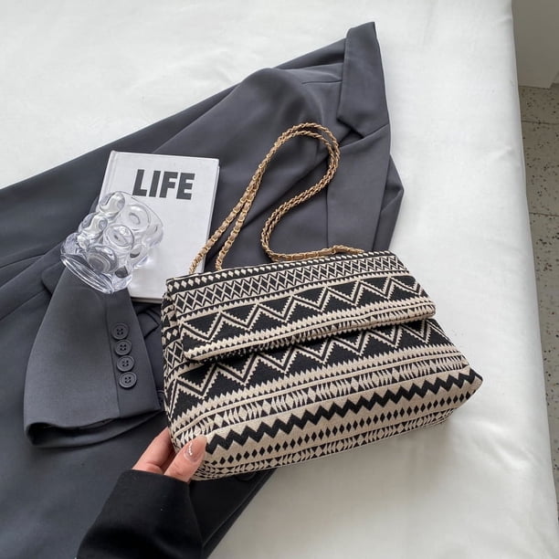 Retro Ethnic Style Shoulder Bag, Geometric Pattern Crossbody Bag, Bohemian Canvas Purse For Women