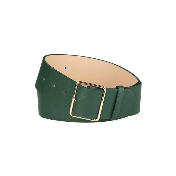 Cinturones de PU de Inspire Chic para mujeres con hebilla de pin de metal, cinturón de 2 pulgadas de ancho para pantalones de vestido, verde