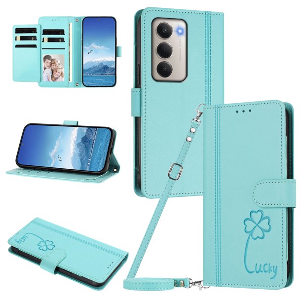 Funda Cartera Trébol para Xiaomi Redmi 15 4G/5G con Ranuras Tarjetas y Carga Inalámbrica Verde menta