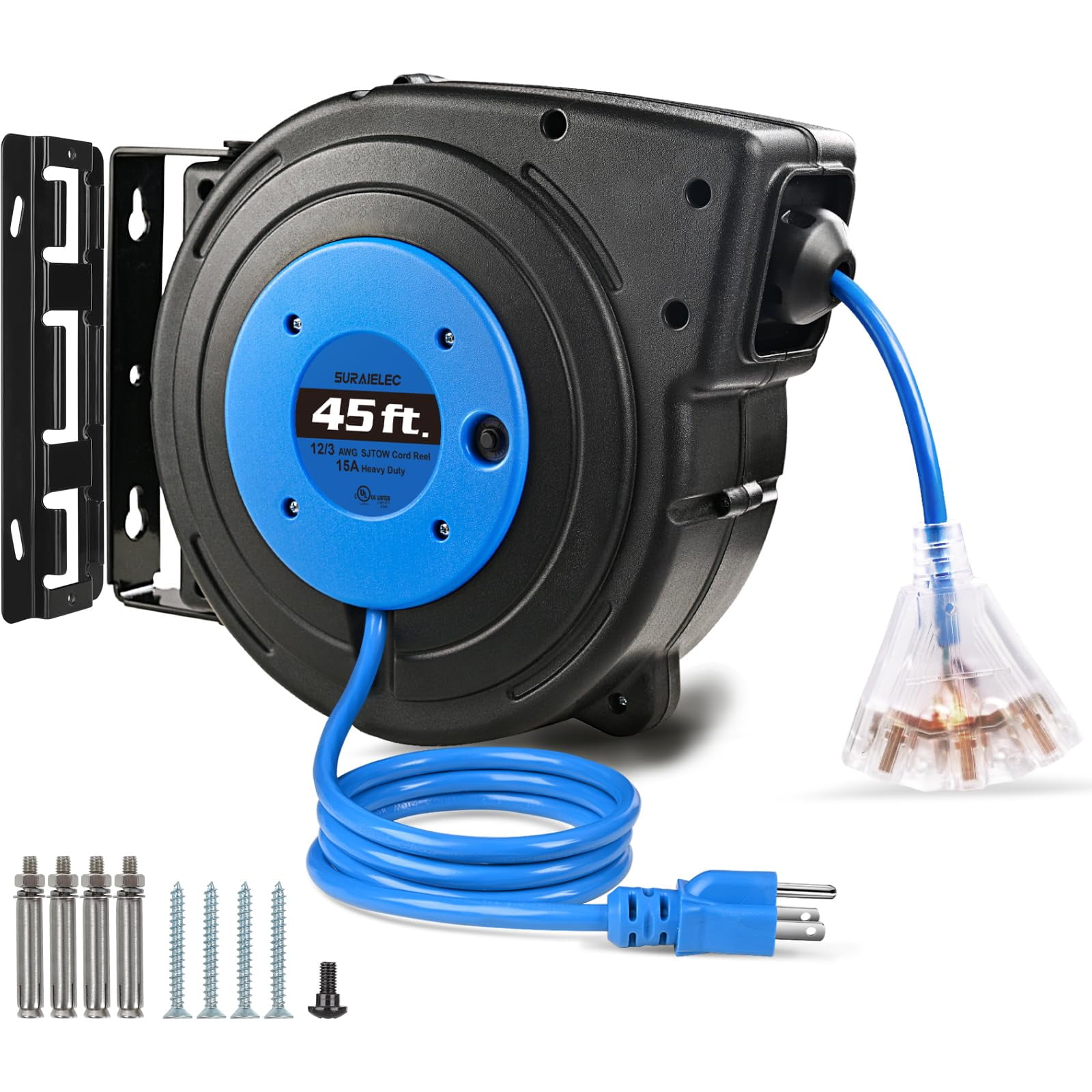 Carrete Retráctil De Cable De Extensión Suraielec, Calibre 12, 45 Pies