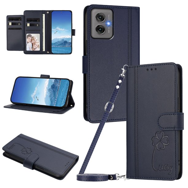 Funda Cartera Trébol para Motorola Moto G55 5G con Ranuras Tarjetas y Carga Inalámbrica Azul oscuro