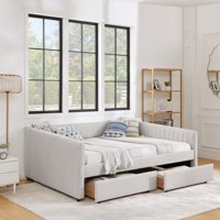 M&Ms - Queen Size Daybed With Two Drawers Trundle Upholstered Sofa Bed, With Vertical Stripes, Linen Fabric, Beige (86.5""X65""X30"")