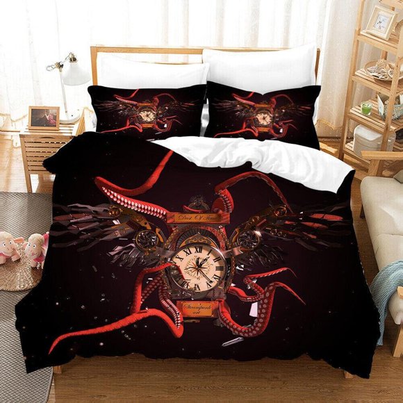 Art Octopus Alarm Clock Wing Quilt Duvet Cover Set Soft Double Bed Linen3-Piece Bedding Set