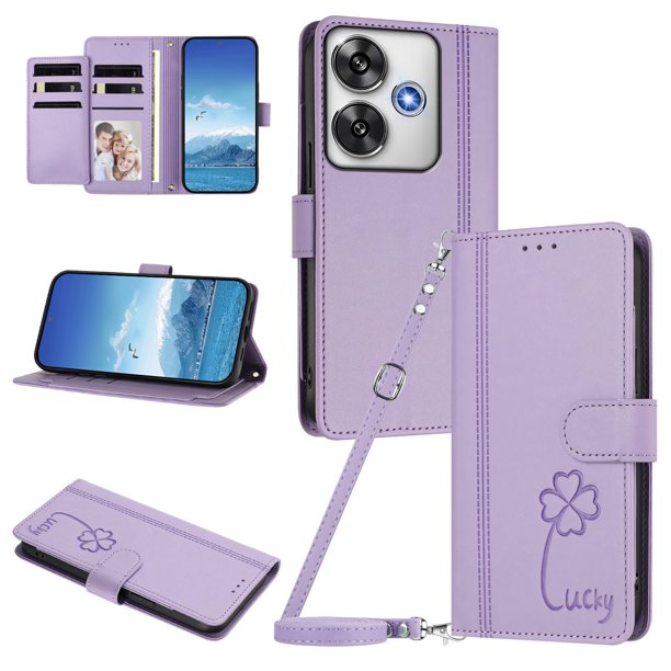 Funda Cartera Trébol para Xiaomi Poco F6 con Ranuras Tarjetas y Carga Inalámbrica Morado claro