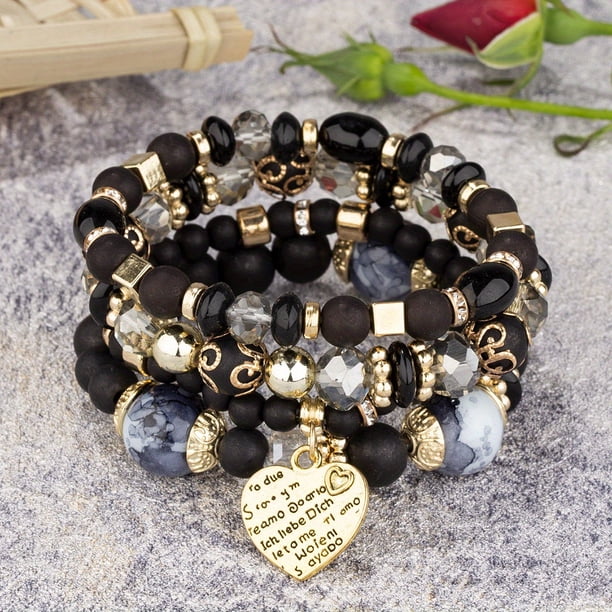 Heart Charm Beads Layered Bracelet Set Pompomia Bracelet Charm Vintage Jewelry Valentine's Day Gift