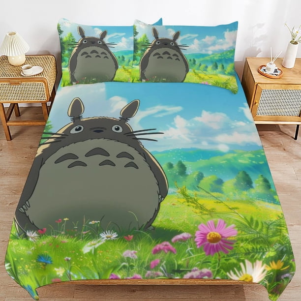 x198 My Neighbor Totoro Bed Duvet Cover Microfiber Bedding Sets 3D Printed Lightweight 3 Piece Comforter Sets, 1 Duvet Cover And 2 Pillow Shams for Kids Boys Girls 90"x90" jn198