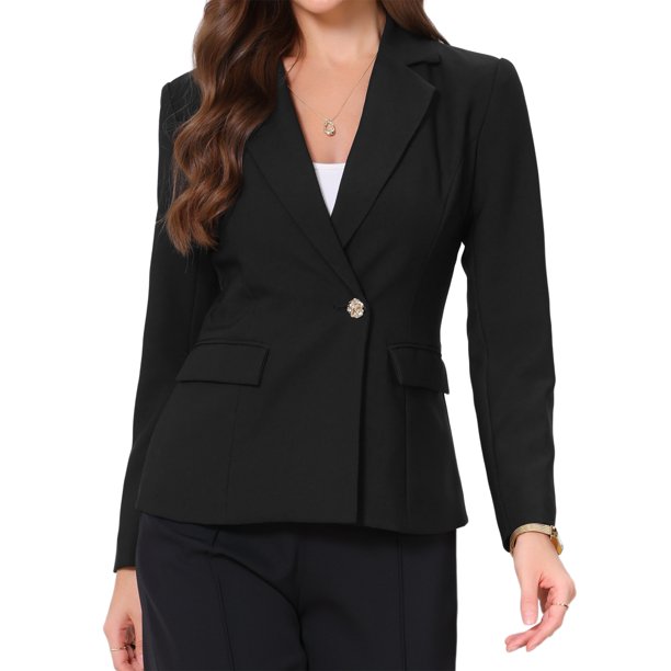 INSPIRE CHIC Blazer de trabajo para mujeres con solapa, un solo botón, manga larga, traje casual de negocios con bolsillos, L Negro