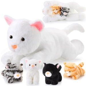 Peluche Skylety Cat Con Bebés En El Interior De 40 Cm, Color Blanco