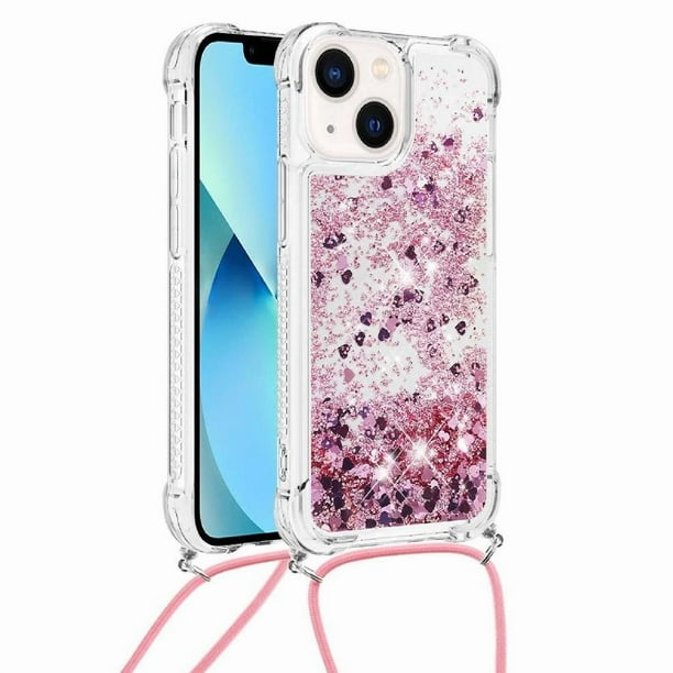 Funda FOXDOCK para iPhone 13 Mini con Cuerda Ajustable, Brillo Líquido, Protección Antigolpes y Lente – Ideal para Regalo
