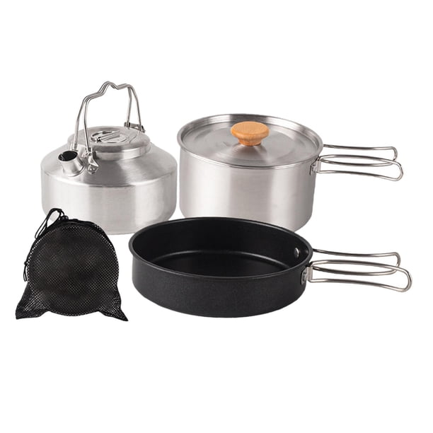 Juego de utensilios de cocina para acampar, sartén para acampar, hervidor con bolsa de transporte, olla, mango plegado antiadherente, juego de cocina