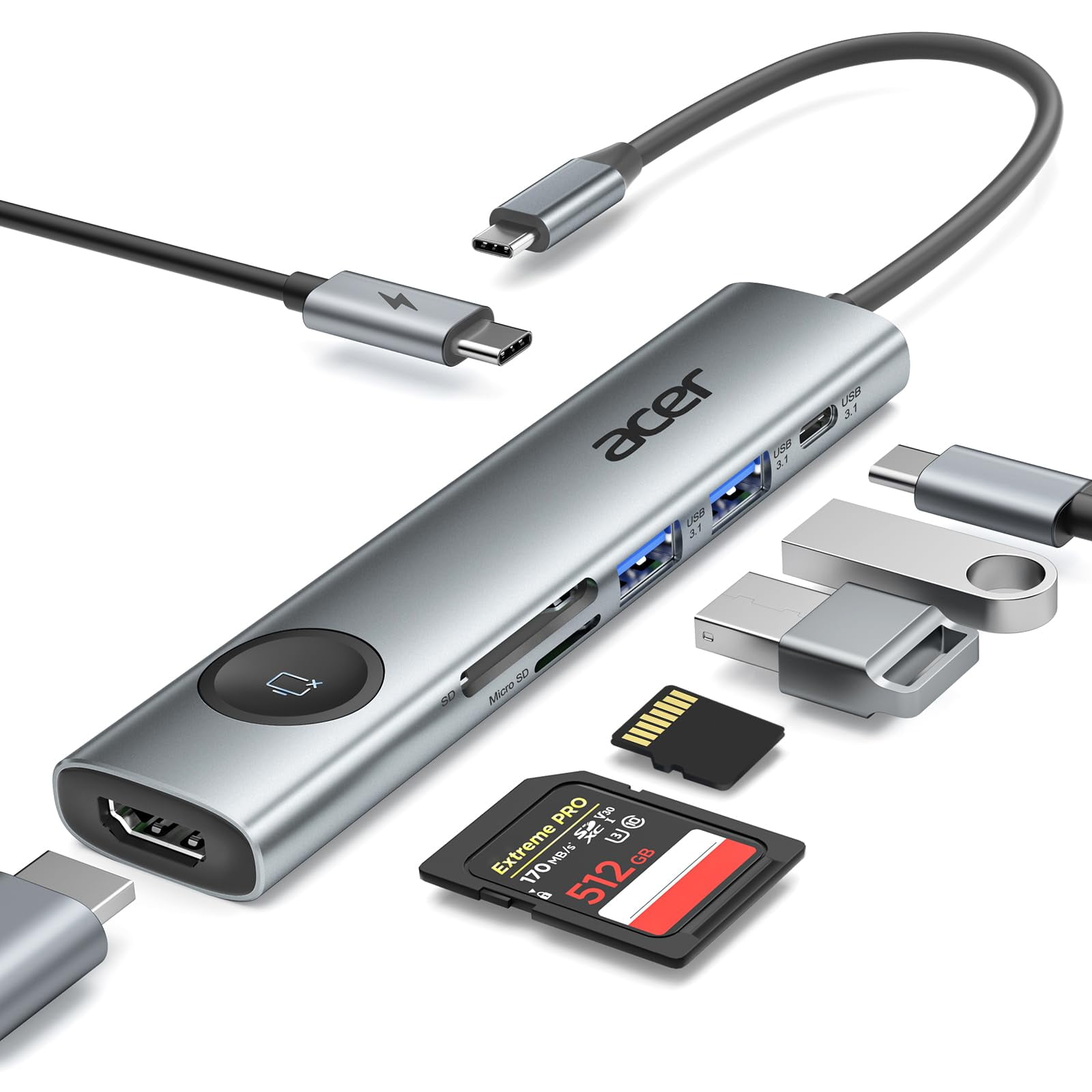 Hub Usb-c Acer 7 En 1 Hdmi 4k 60hz 100w Pd Lector De Tarjetas Sd