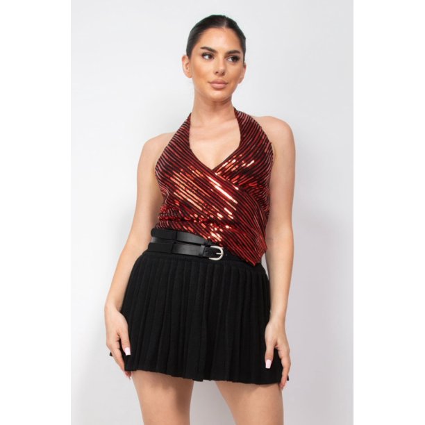 Saronite Blusa de Fiesta sin Mangas con Lentejuelas y Cuello Halter Cruzado, Color Negro/rubí (para Mujer)