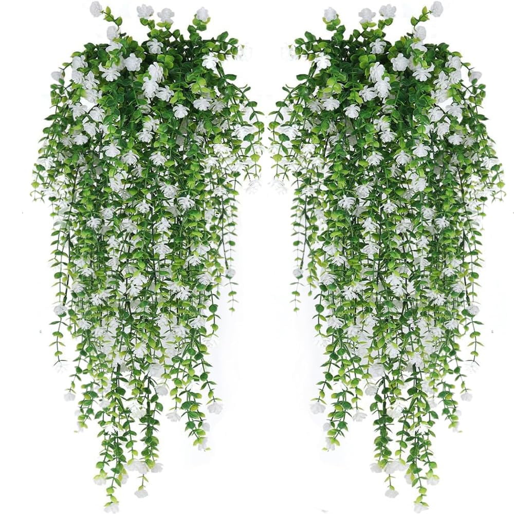 Xusx111 - Flores Colgantes Artificiales, 2 Piezas Falsas Flores De La Vid De Eucalipto Faux Flor Verde Guirnalda Plantas De Plástico Para Interior Al Aire Libre Jardín De La Pared Boda Decoración De L