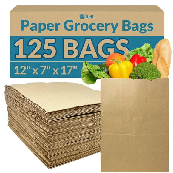 Bolsas de papel para supermercado Reli. 70 libras, 12 x 7 x 17 cm, 125 piezas, color marrón a granel