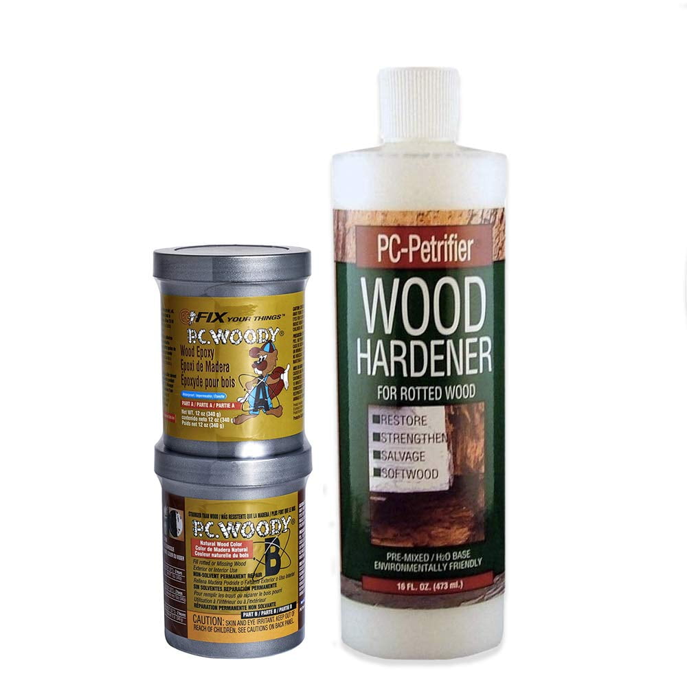 Pc Products - Kit De Reparación De Madera Pc-products Pasta Epoxídica Pc-woody De 355 Ml Más Endurecedor De Madera Pc-petrifier 473 Ml