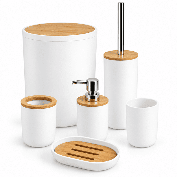 Set De Baño Completo 6 Piezas De ABS Y Bambu Con Basurero Dispensador Y Escobilla Color Blanco