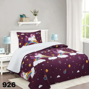 Genérico - Cubrecama Quilt Sherpa 1 1/2 Plazas - Unicornio Arcoíris Morado M926