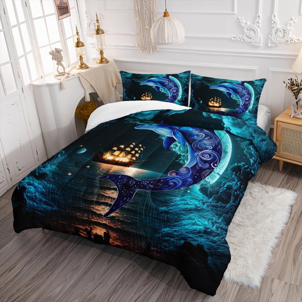 Bedding Set Cute Dolphin Printed Duvet Cover Light Blue Starry Sky Decor Bedding Collection Soft Duvet Cover Room Decor 3Pcs