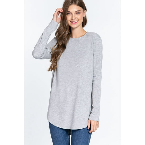 Saronite Túnica Básica de Felpa Francesa con Cuello Redondo, Manga Larga y Abertura Lateral, Gris Jaspeado (para Mujer)