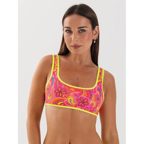 Top de Bikini Daikiri Mujer Deportivo Ajustable Floral Naranjo Flúor Protección UV50+